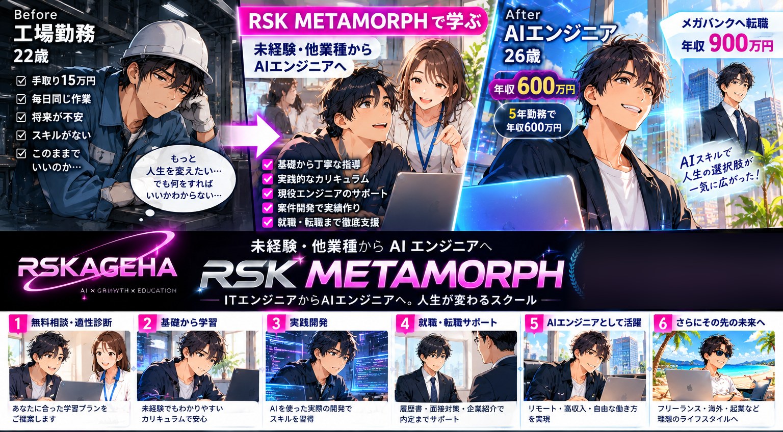 アニメ:工場勤務22歳の主人公が、RSK METAMORPHで学び、AIエンジニアとして活躍するまでのストーリー