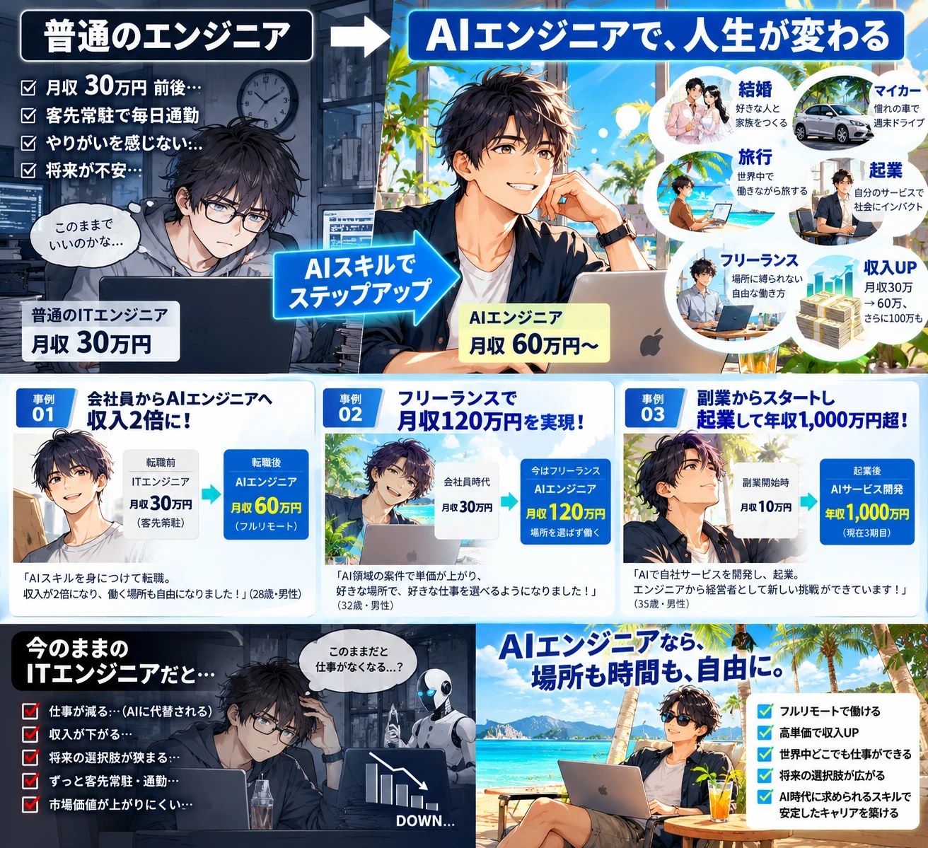 ITエンジニアがAIエンジニアになると人生が変わる。月収30万円から60万円へ。結婚・マイカー・旅行・起業・フリーランス・収入アップと選択肢が広がる。事例：会社員から転職して月収60万円、フリーランスで月収120万円、副業から起業して年収1,000万円超。今のままだと仕事が減る・収入が下がる。AIエンジニアなら場所も時間も自由に。